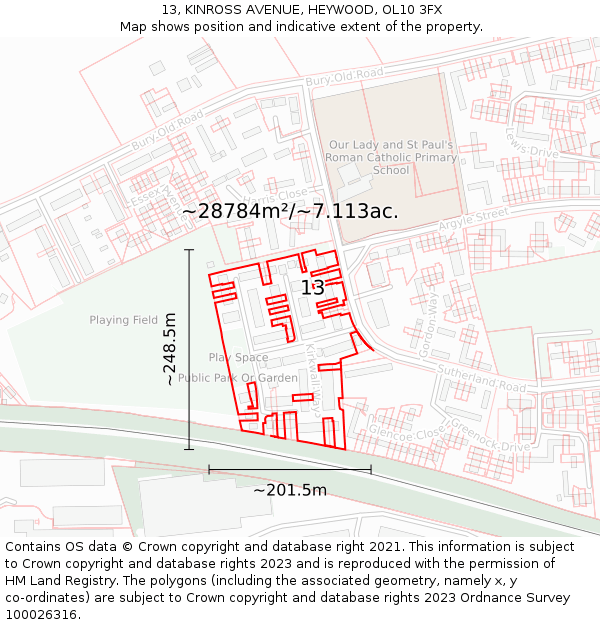 13, KINROSS AVENUE, HEYWOOD, OL10 3FX: Plot and title map