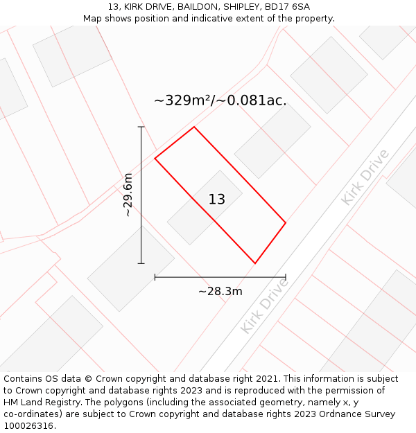 13, KIRK DRIVE, BAILDON, SHIPLEY, BD17 6SA: Plot and title map