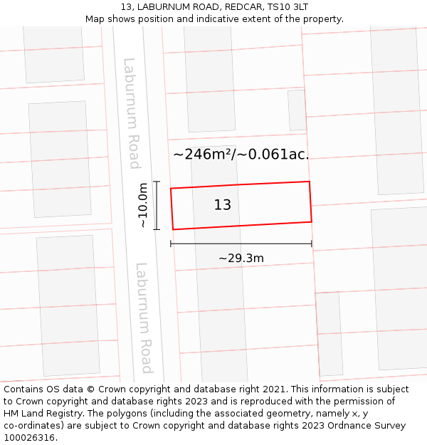 13, LABURNUM ROAD, REDCAR, TS10 3LT: Plot and title map