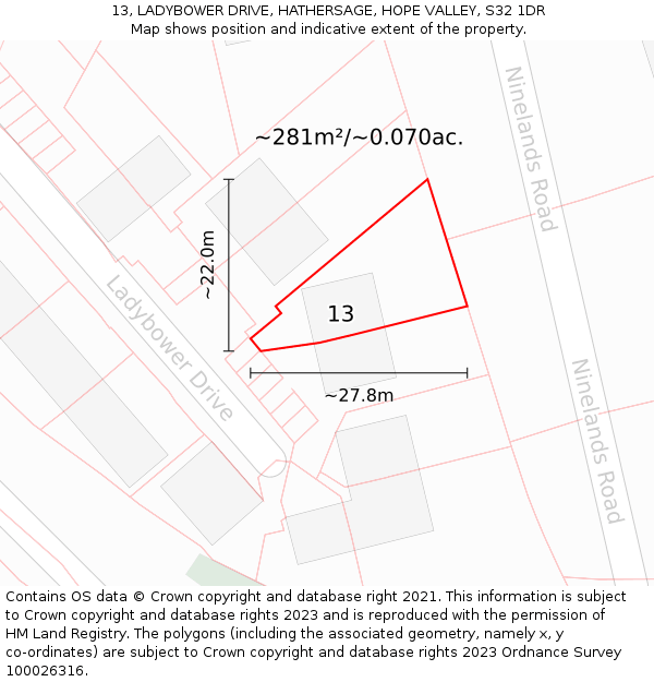 13, LADYBOWER DRIVE, HATHERSAGE, HOPE VALLEY, S32 1DR: Plot and title map