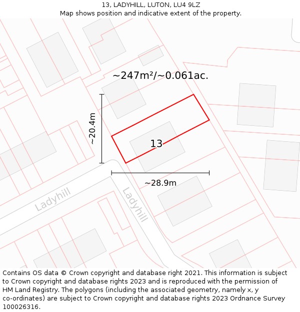 13, LADYHILL, LUTON, LU4 9LZ: Plot and title map