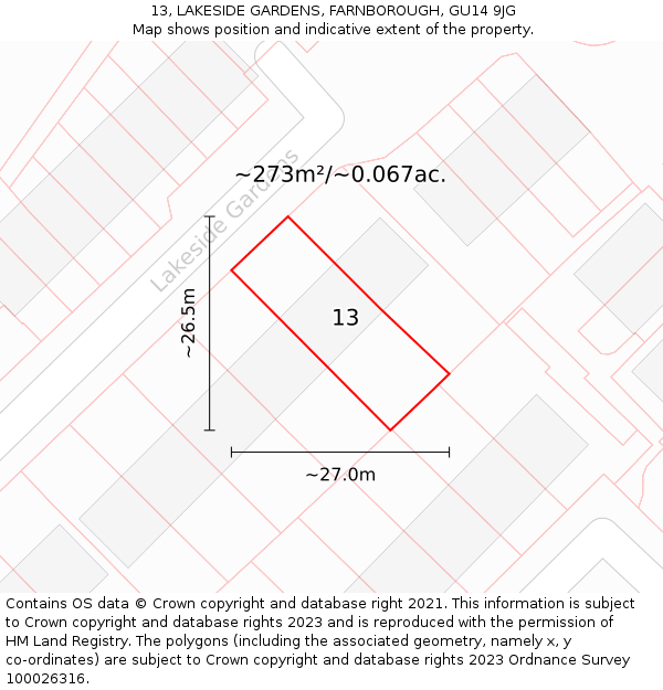 13, LAKESIDE GARDENS, FARNBOROUGH, GU14 9JG: Plot and title map