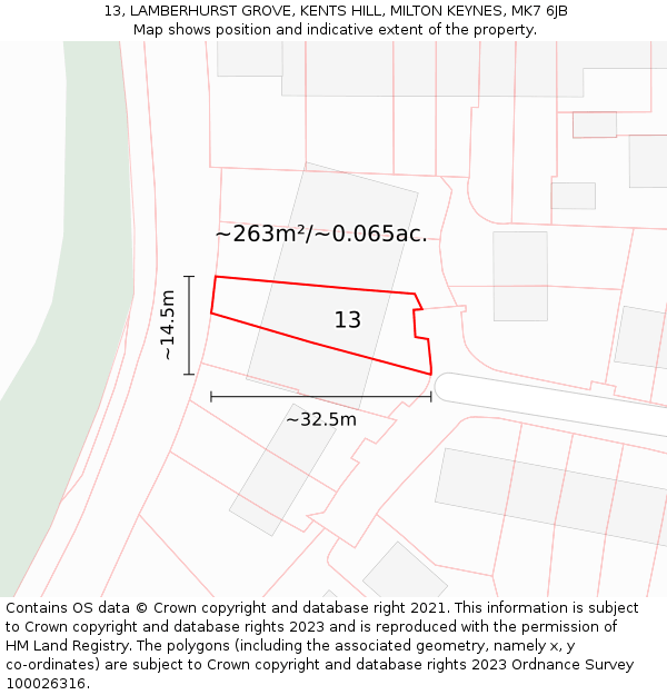 13, LAMBERHURST GROVE, KENTS HILL, MILTON KEYNES, MK7 6JB: Plot and title map