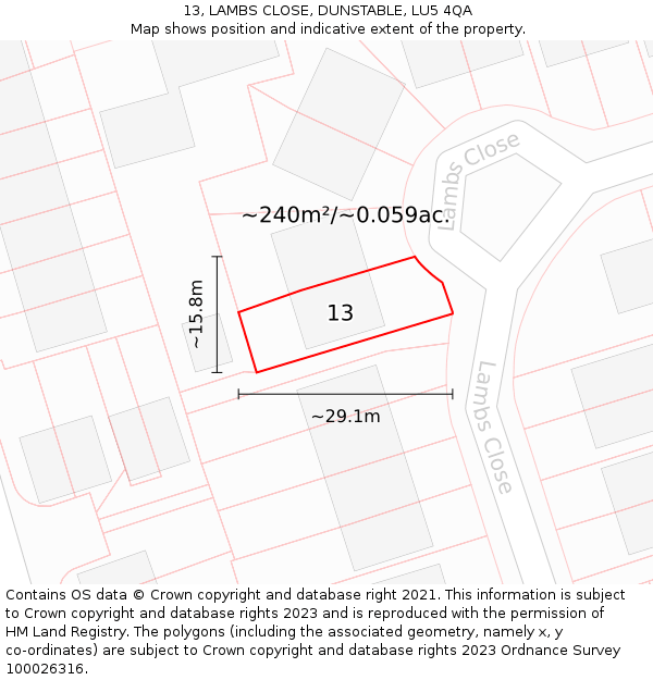 13, LAMBS CLOSE, DUNSTABLE, LU5 4QA: Plot and title map