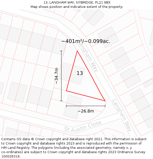 13, LANGHAM WAY, IVYBRIDGE, PL21 9BX: Plot and title map