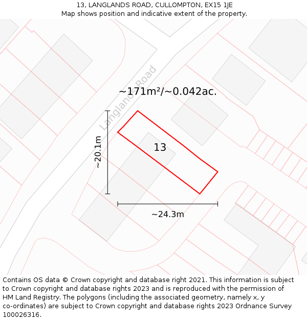 13, LANGLANDS ROAD, CULLOMPTON, EX15 1JE: Plot and title map