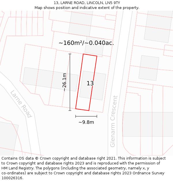 13, LARNE ROAD, LINCOLN, LN5 9TY: Plot and title map