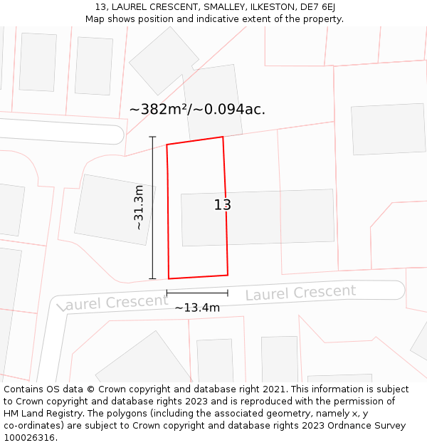 13, LAUREL CRESCENT, SMALLEY, ILKESTON, DE7 6EJ: Plot and title map