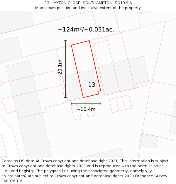 13, LAXTON CLOSE, SOUTHAMPTON, SO19 9JA: Plot and title map