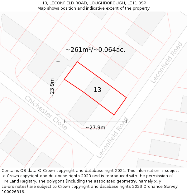 13, LECONFIELD ROAD, LOUGHBOROUGH, LE11 3SP: Plot and title map