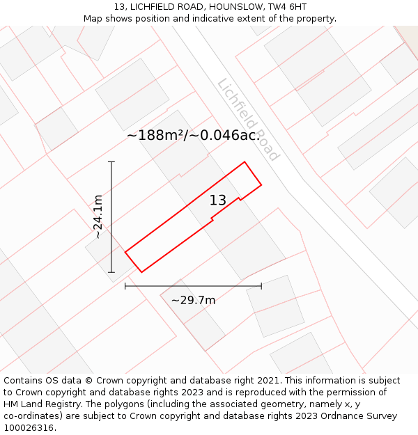 13, LICHFIELD ROAD, HOUNSLOW, TW4 6HT: Plot and title map