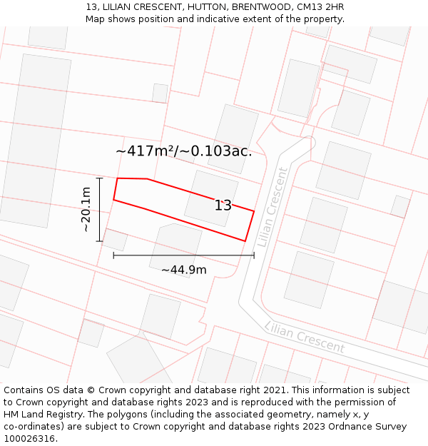 13, LILIAN CRESCENT, HUTTON, BRENTWOOD, CM13 2HR: Plot and title map