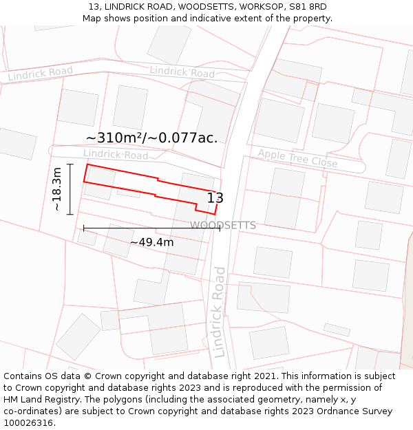 13, LINDRICK ROAD, WOODSETTS, WORKSOP, S81 8RD: Plot and title map