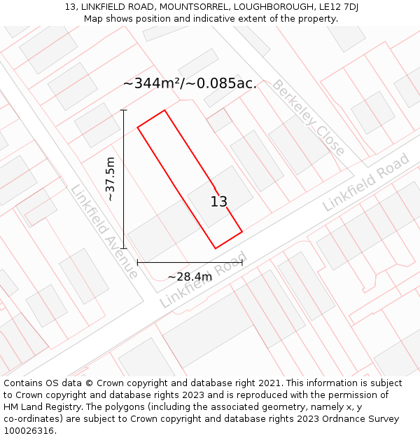 13, LINKFIELD ROAD, MOUNTSORREL, LOUGHBOROUGH, LE12 7DJ: Plot and title map