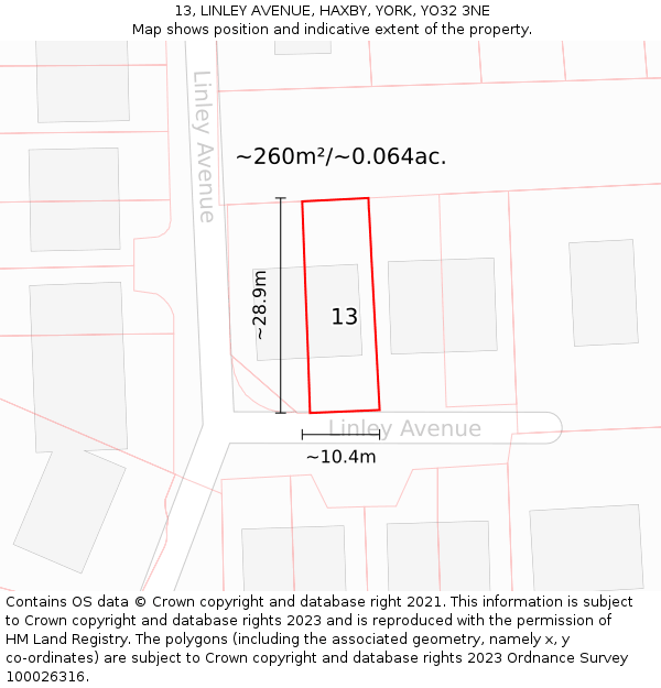 13, LINLEY AVENUE, HAXBY, YORK, YO32 3NE: Plot and title map