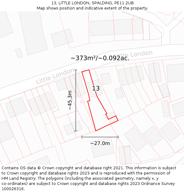 13, LITTLE LONDON, SPALDING, PE11 2UB: Plot and title map