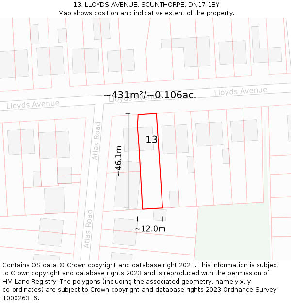 13, LLOYDS AVENUE, SCUNTHORPE, DN17 1BY: Plot and title map