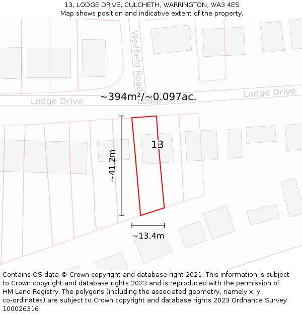 13, LODGE DRIVE, CULCHETH, WARRINGTON, WA3 4ES: Plot and title map