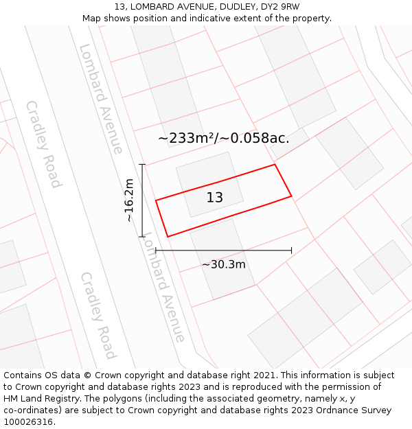 13, LOMBARD AVENUE, DUDLEY, DY2 9RW: Plot and title map