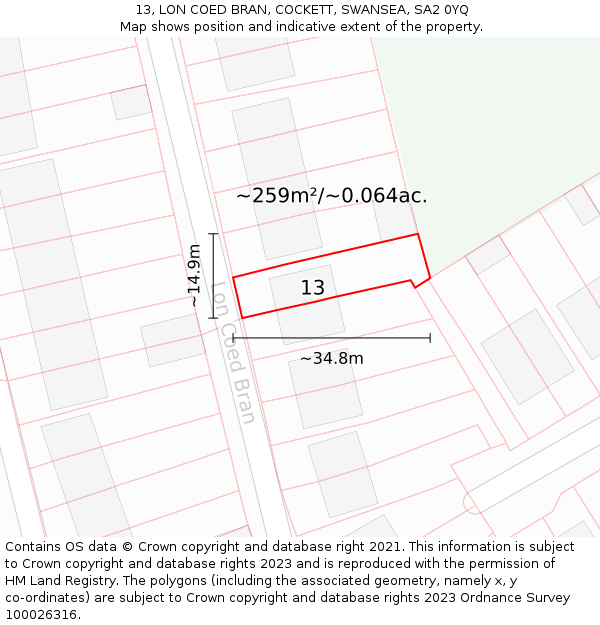 13, LON COED BRAN, COCKETT, SWANSEA, SA2 0YQ: Plot and title map