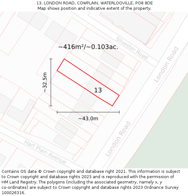 13, LONDON ROAD, COWPLAIN, WATERLOOVILLE, PO8 8DE: Plot and title map