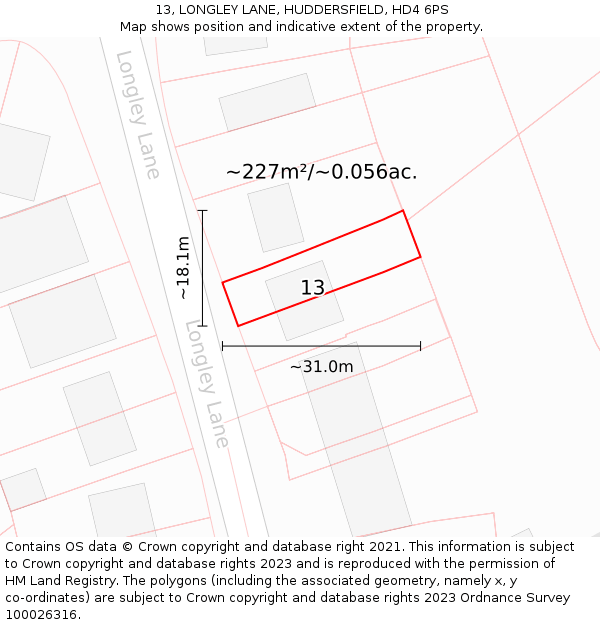 13, LONGLEY LANE, HUDDERSFIELD, HD4 6PS: Plot and title map