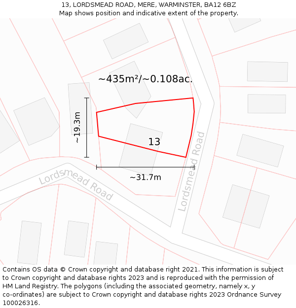 13, LORDSMEAD ROAD, MERE, WARMINSTER, BA12 6BZ: Plot and title map