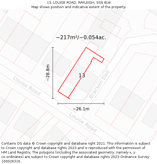 13, LOUISE ROAD, RAYLEIGH, SS6 8LW: Plot and title map