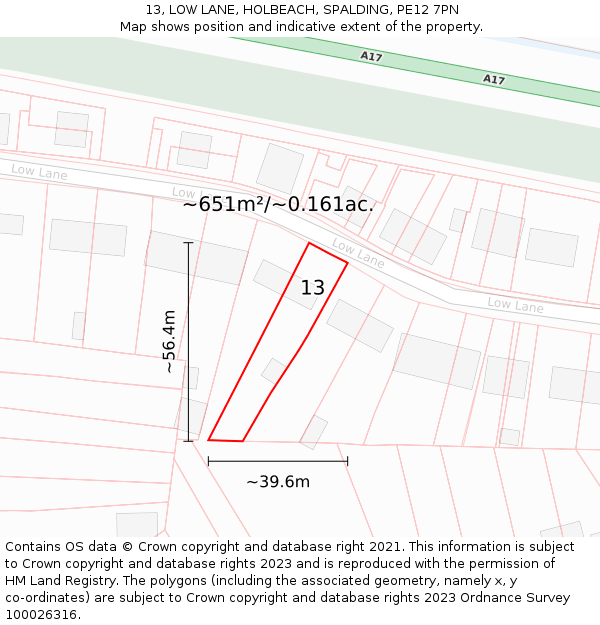 13, LOW LANE, HOLBEACH, SPALDING, PE12 7PN: Plot and title map