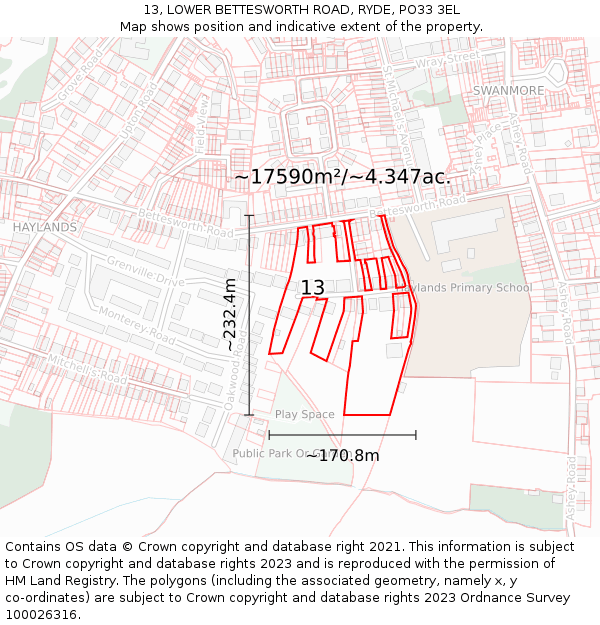 13, LOWER BETTESWORTH ROAD, RYDE, PO33 3EL: Plot and title map