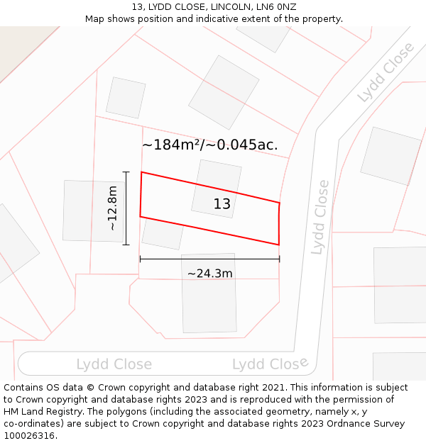 13, LYDD CLOSE, LINCOLN, LN6 0NZ: Plot and title map