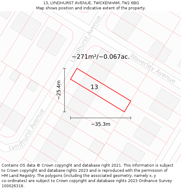 13, LYNDHURST AVENUE, TWICKENHAM, TW2 6BG: Plot and title map