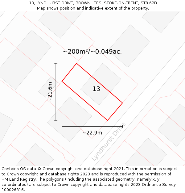 13, LYNDHURST DRIVE, BROWN LEES, STOKE-ON-TRENT, ST8 6PB: Plot and title map