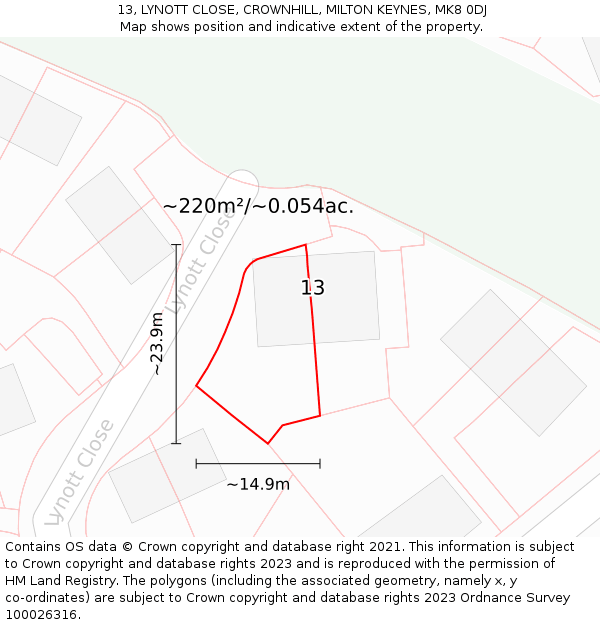 13, LYNOTT CLOSE, CROWNHILL, MILTON KEYNES, MK8 0DJ: Plot and title map