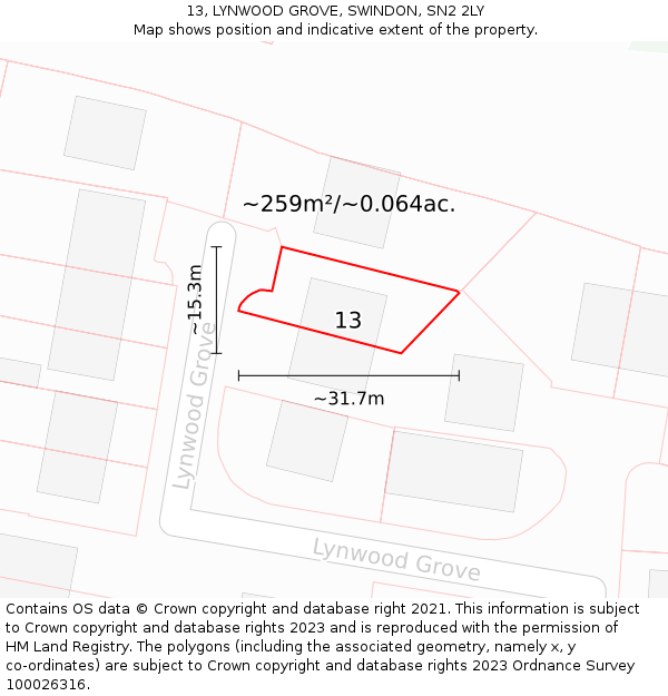 13, LYNWOOD GROVE, SWINDON, SN2 2LY: Plot and title map