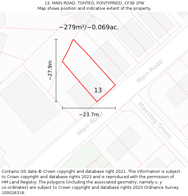 13, MAIN ROAD, TONTEG, PONTYPRIDD, CF38 1PW: Plot and title map