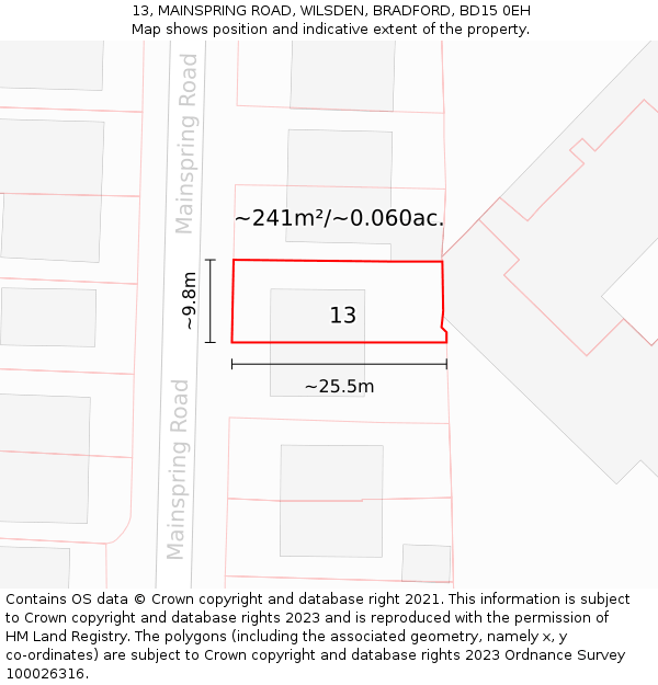 13, MAINSPRING ROAD, WILSDEN, BRADFORD, BD15 0EH: Plot and title map