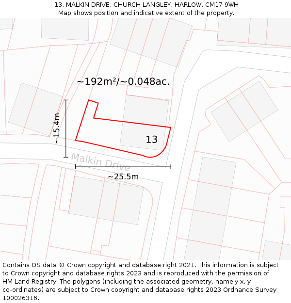 13, MALKIN DRIVE, CHURCH LANGLEY, HARLOW, CM17 9WH: Plot and title map