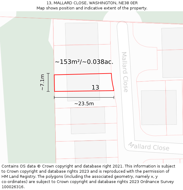 13, MALLARD CLOSE, WASHINGTON, NE38 0ER: Plot and title map