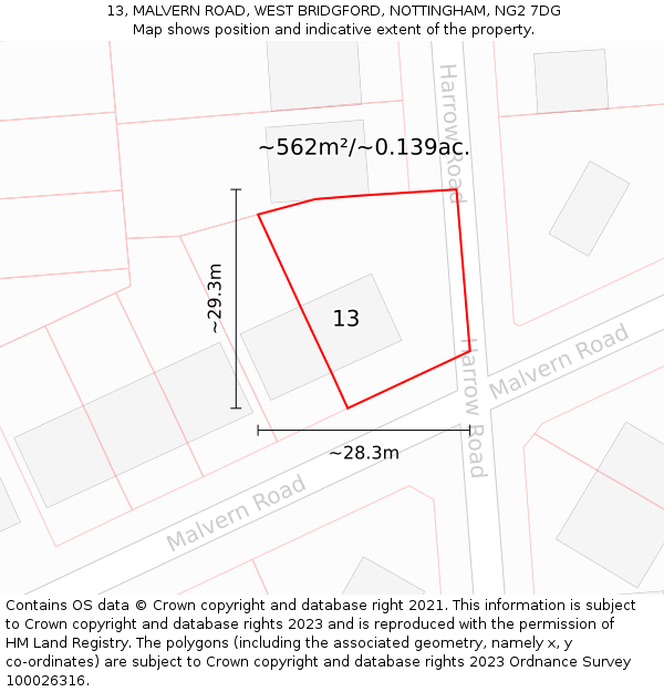 13, MALVERN ROAD, WEST BRIDGFORD, NOTTINGHAM, NG2 7DG: Plot and title map