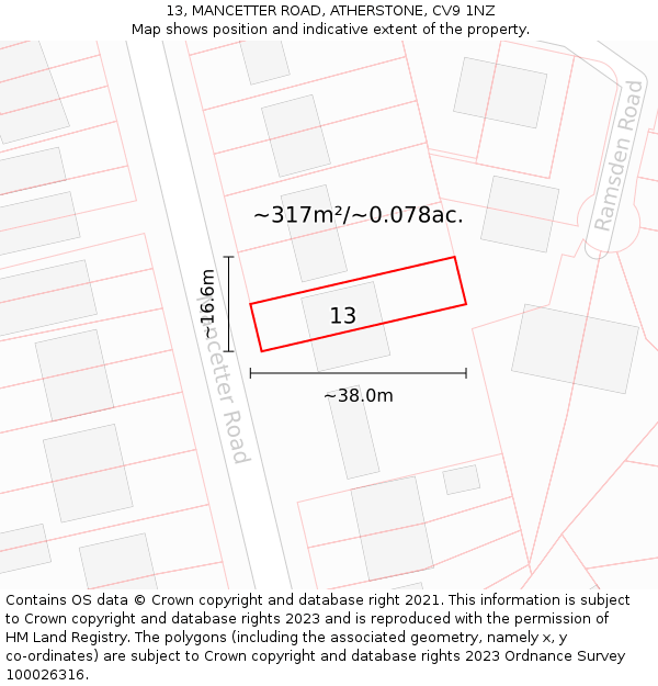 13, MANCETTER ROAD, ATHERSTONE, CV9 1NZ: Plot and title map