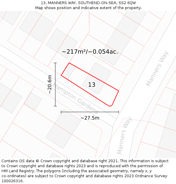 13, MANNERS WAY, SOUTHEND-ON-SEA, SS2 6QW: Plot and title map