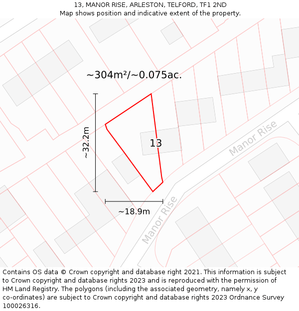 13, MANOR RISE, ARLESTON, TELFORD, TF1 2ND: Plot and title map