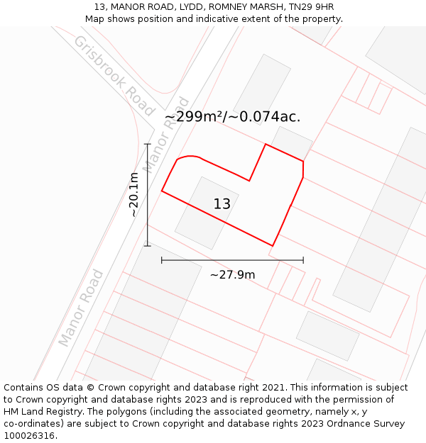 13, MANOR ROAD, LYDD, ROMNEY MARSH, TN29 9HR: Plot and title map