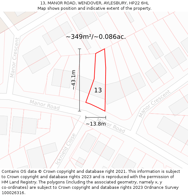 13, MANOR ROAD, WENDOVER, AYLESBURY, HP22 6HL: Plot and title map