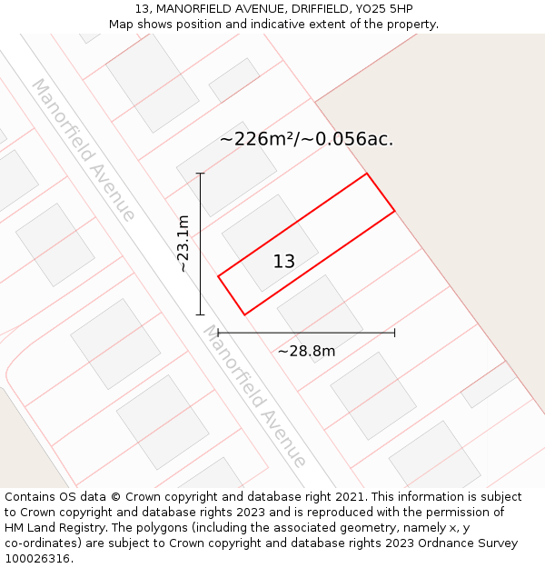 13, MANORFIELD AVENUE, DRIFFIELD, YO25 5HP: Plot and title map