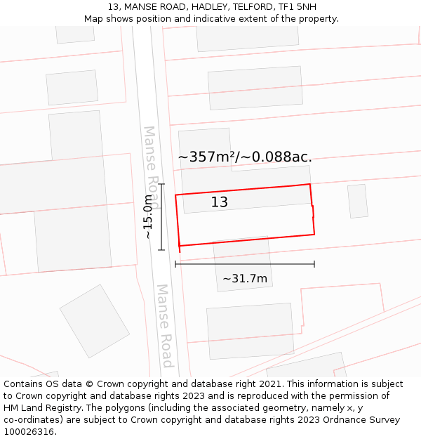 13, MANSE ROAD, HADLEY, TELFORD, TF1 5NH: Plot and title map