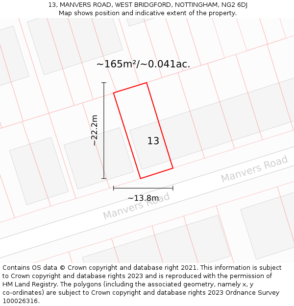 13, MANVERS ROAD, WEST BRIDGFORD, NOTTINGHAM, NG2 6DJ: Plot and title map