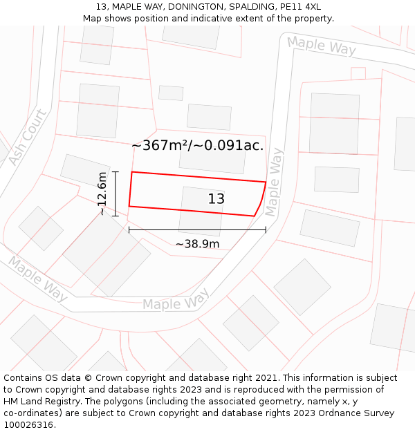 13, MAPLE WAY, DONINGTON, SPALDING, PE11 4XL: Plot and title map