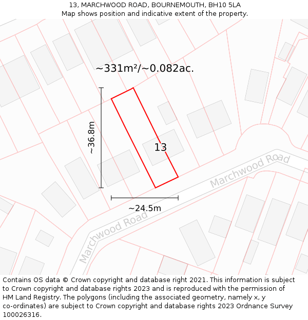 13, MARCHWOOD ROAD, BOURNEMOUTH, BH10 5LA: Plot and title map